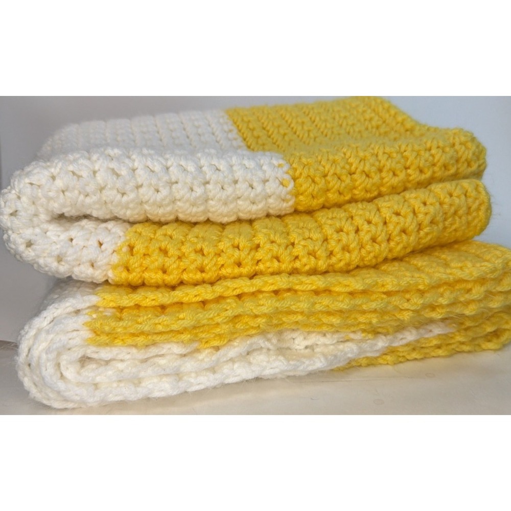 Handmade Crochet Knit Baby Blanket Afghan Yellow White Stripe 44X34